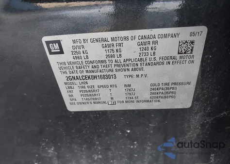 2017 Chevrolet Equinox Lt из США, поврежденный, VIN 2GNALCEK0H1603013